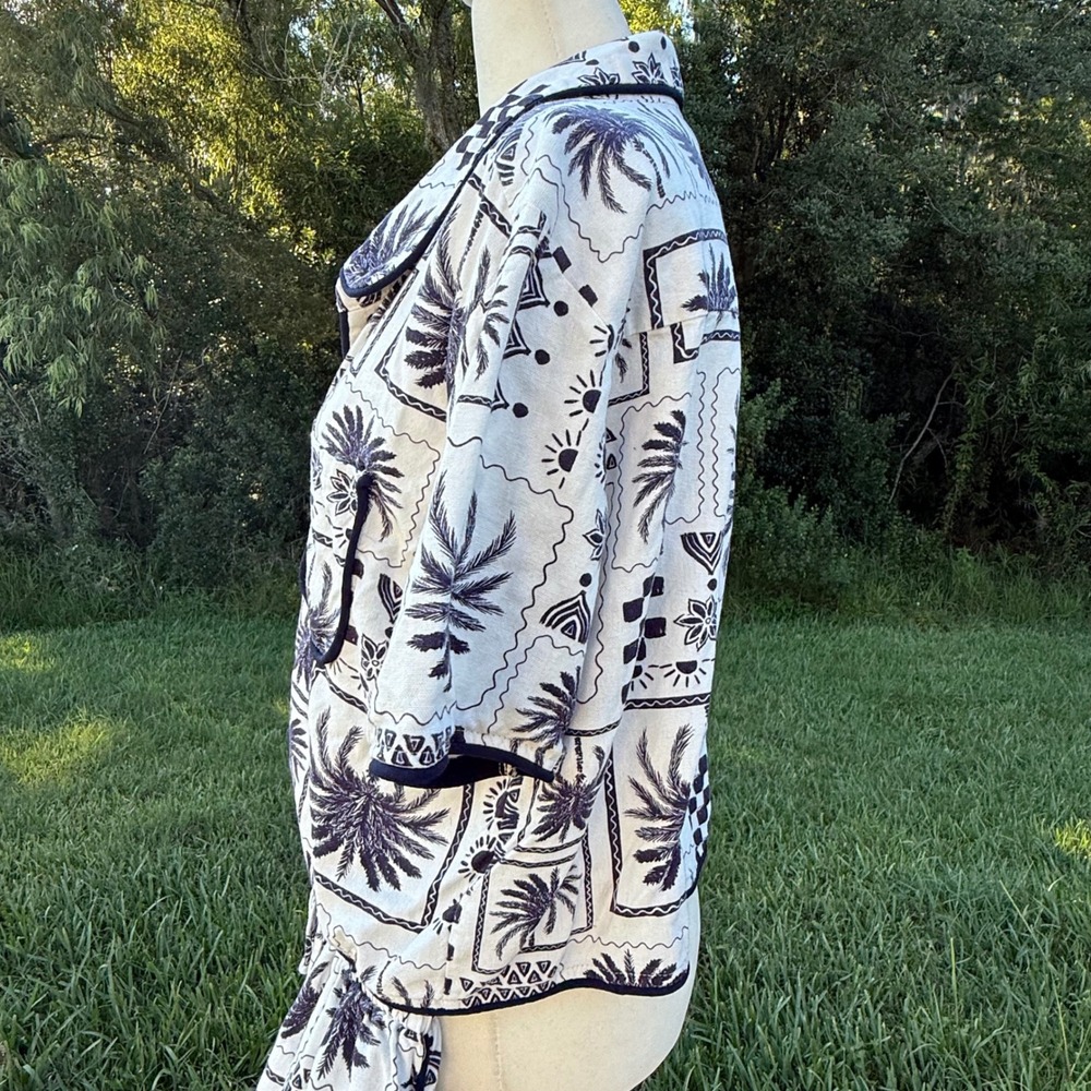 Palm Tree Resort Linen Blend Printed Pant Set Women L White Black Vacation - Picture 3 of 7